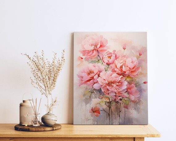 Peonies And Dragonfly Watercolor Inspired Art Light Orange And Beige Angura Kei Style