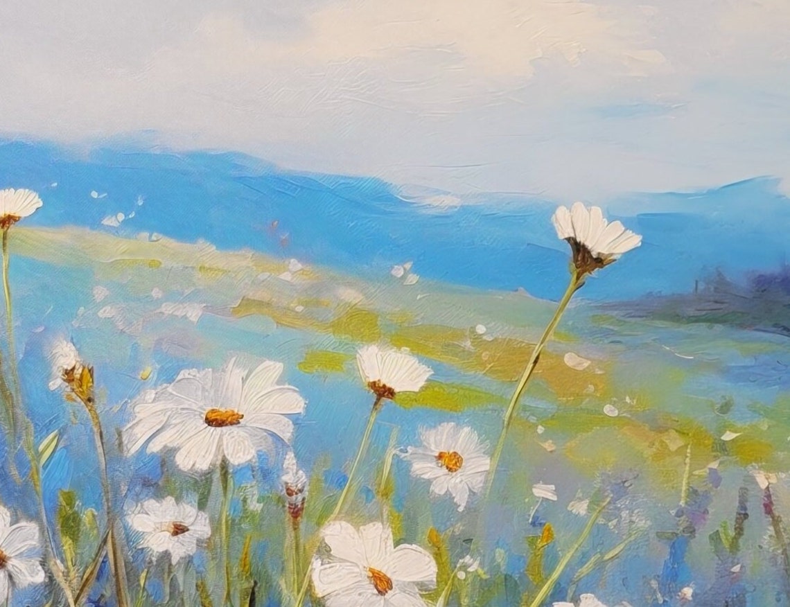 Wildflower Field Painting Blue Hazy Hills Bloom Landscape Poster - Image 3