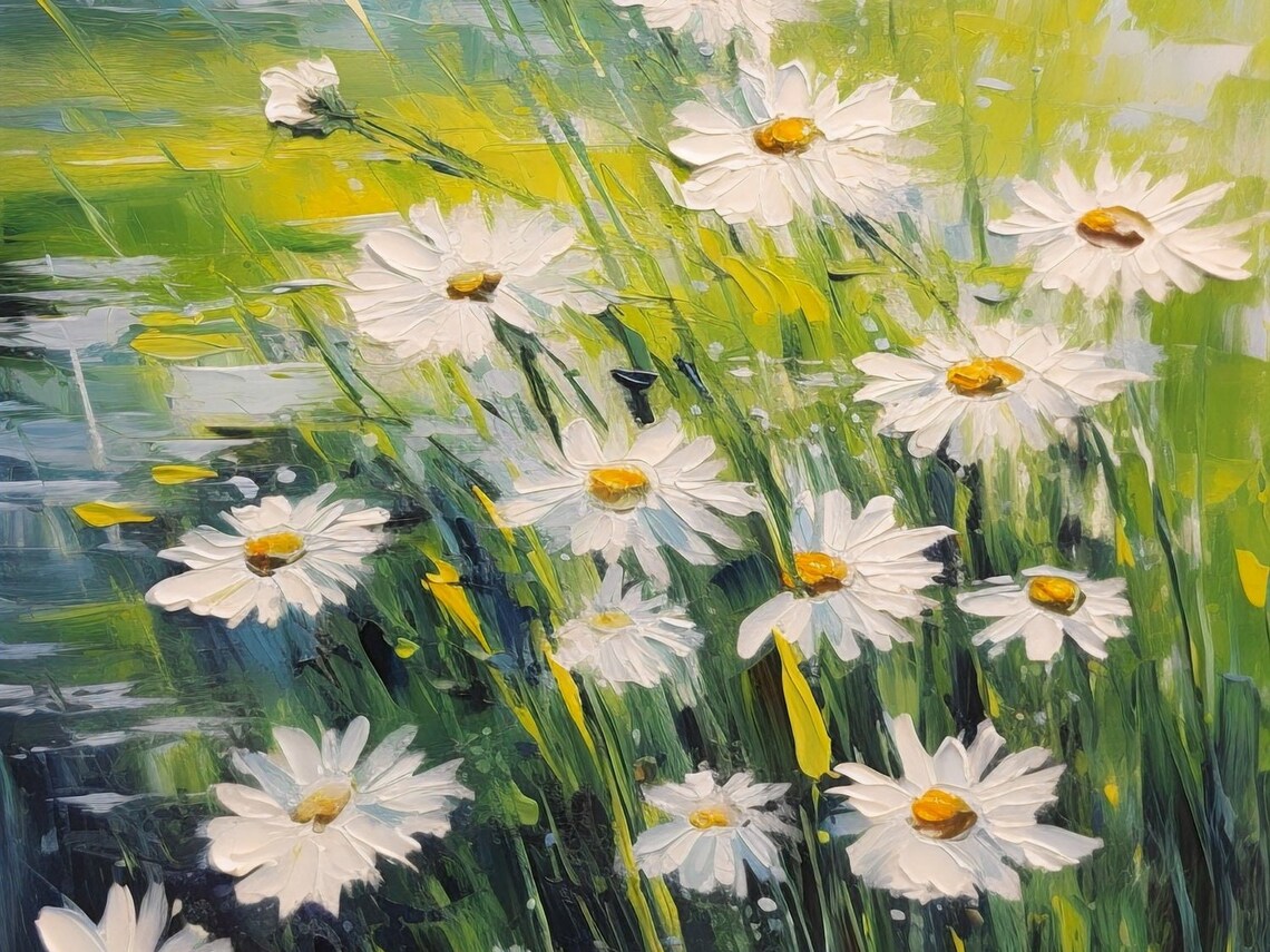 White Daisies Swaying In Green Meadow Breeze Floral Art Poster - Image 3