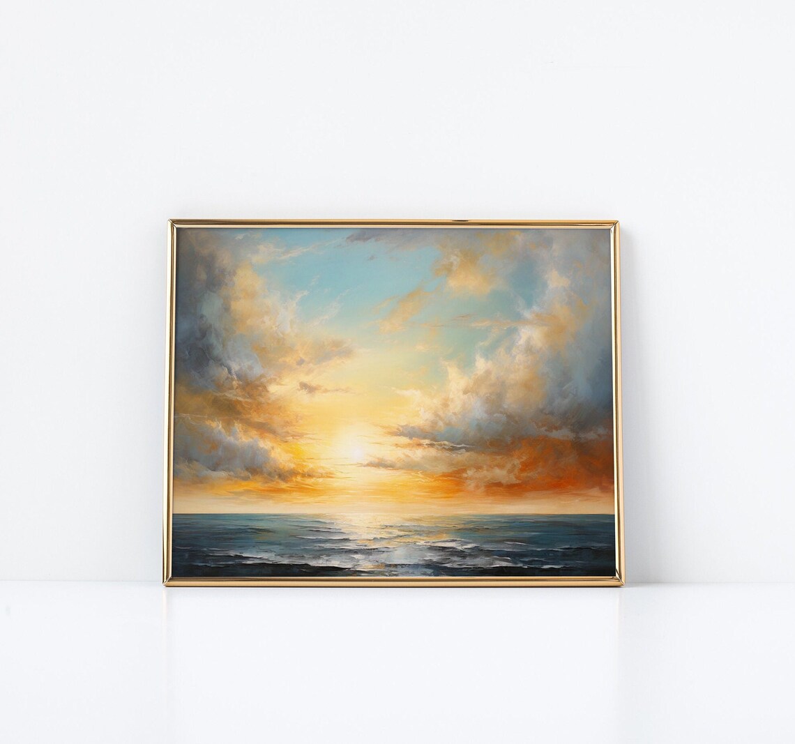 Sunset Over Ocean Painting Blue and Orange Sky Seascape Poster - Image 3