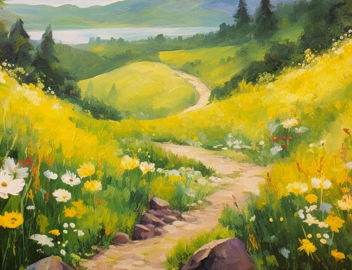 Mountain Meadow Trail Wildflowers Lake View Landscape Poster - Image 3