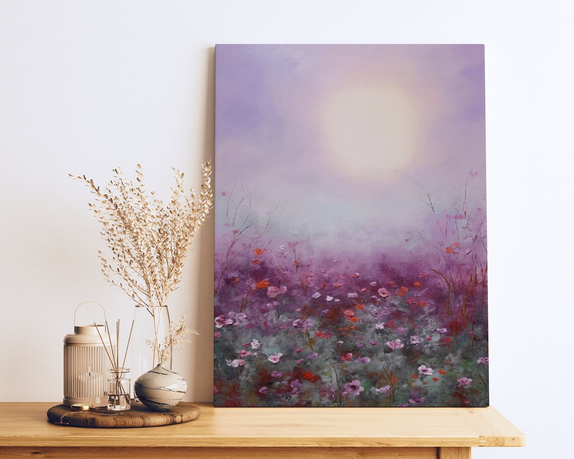 Moonlit Purple Wildflower Meadow Misty Night Floral Art Poster