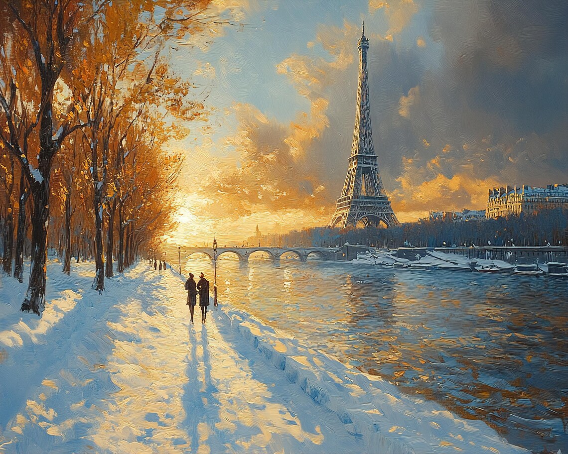 Seine Riverbank Sunset Winter Eiffel Tower Paris Golden Poster - Image 2
