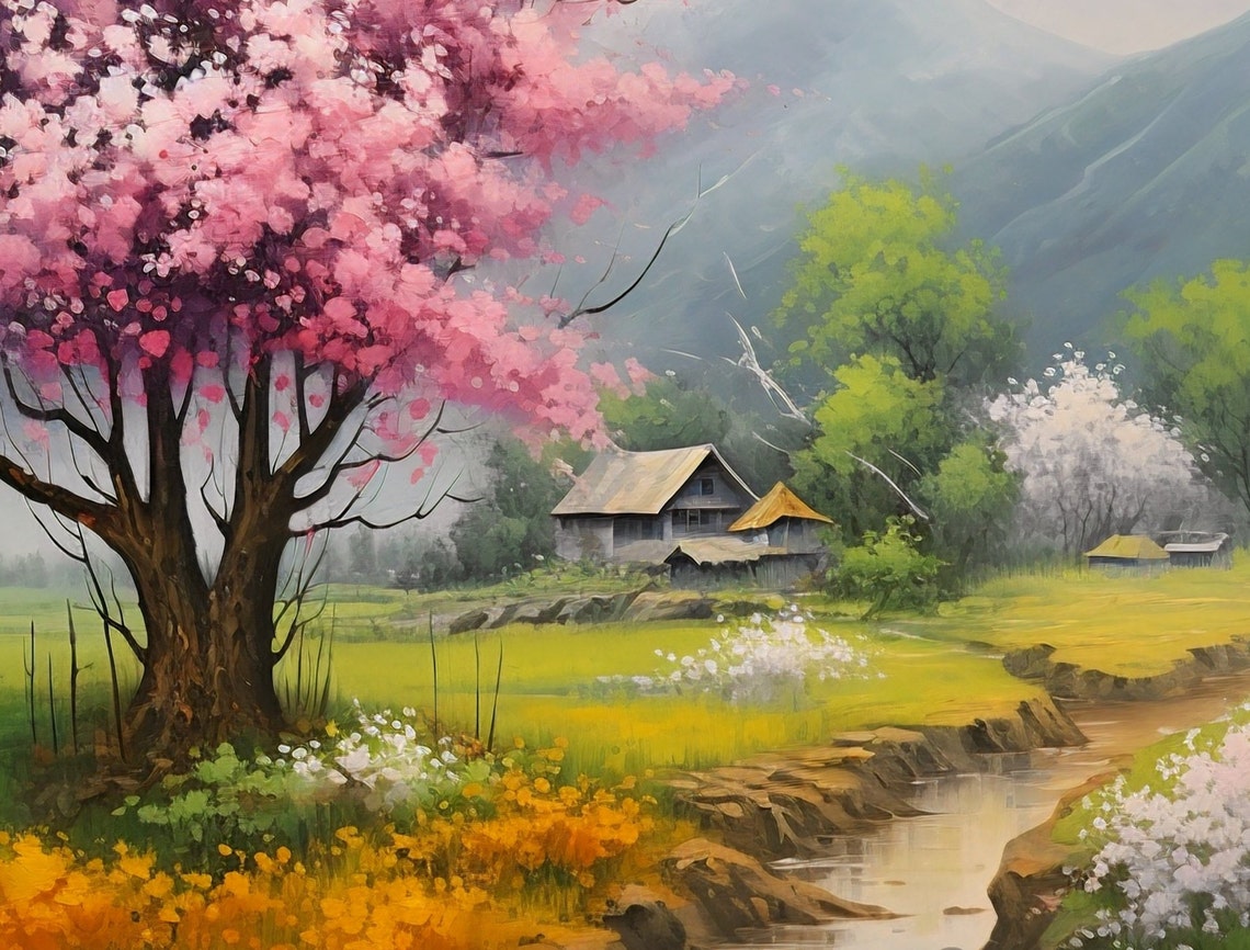 Cherry Blossom Tree Stream Village Spring Mountain Landscape Poster - Image 2