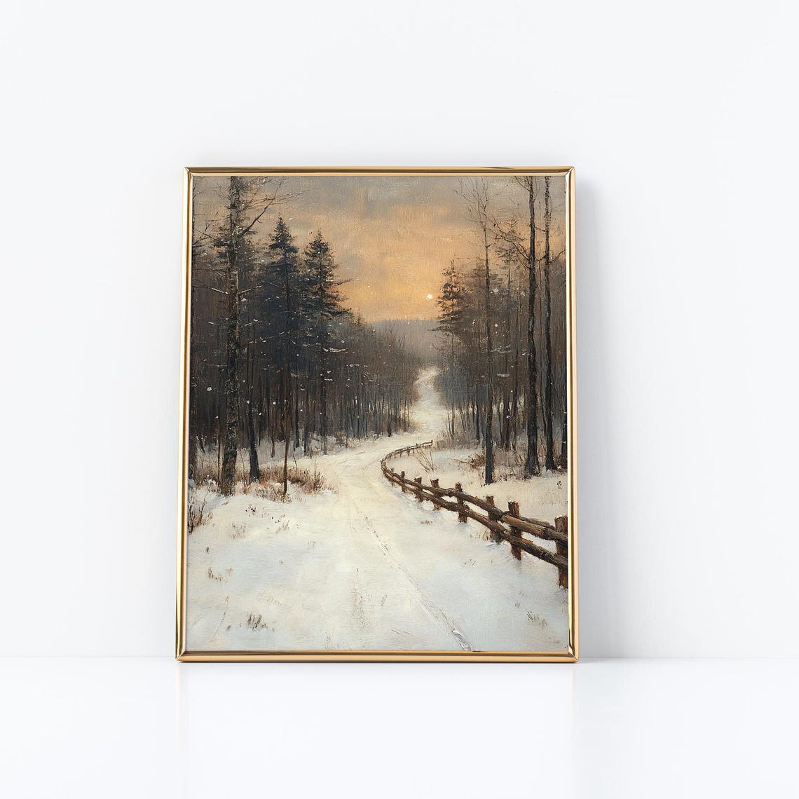 Winter Sunset Forest Trail Snow Path Fence Golden Light Poster