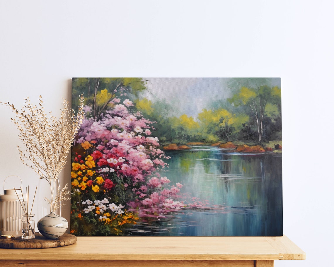 Pink Riverside Blossoms Along Quiet River Impressionist Art Poster