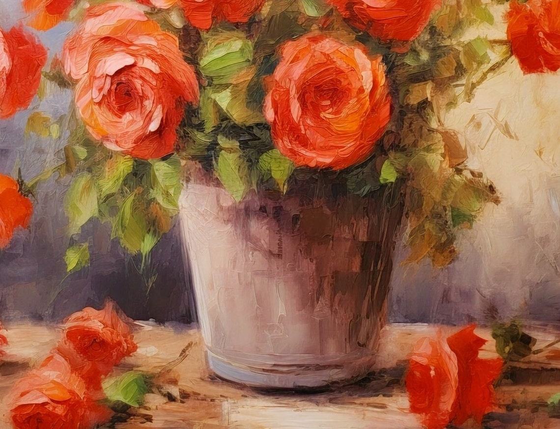 Coral Roses Rustic Bucket Blooming Impressionist Floral Poster - Image 3