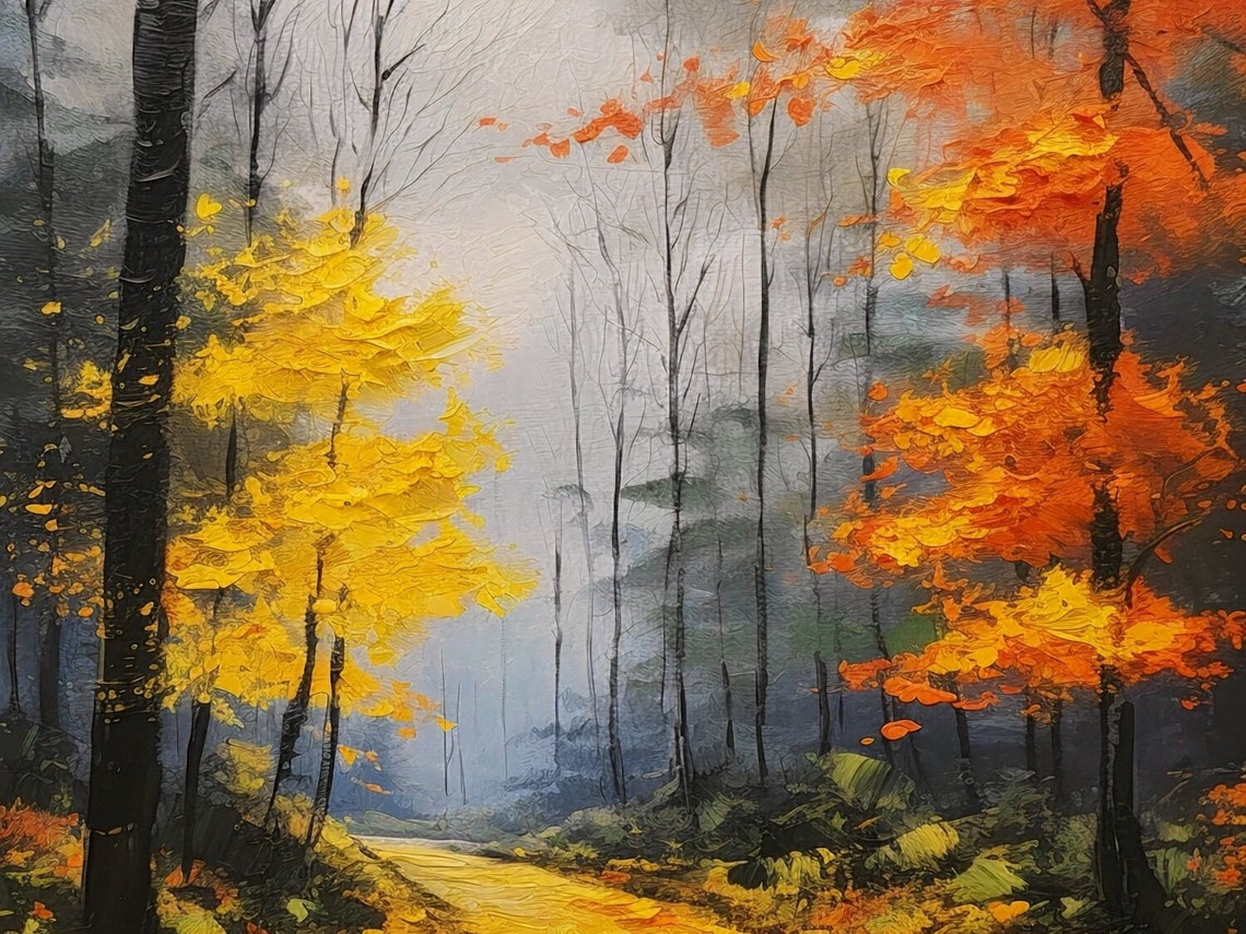 Misty Autumn Forest Path Golden Trees Serene Woodland Poster - Image 2