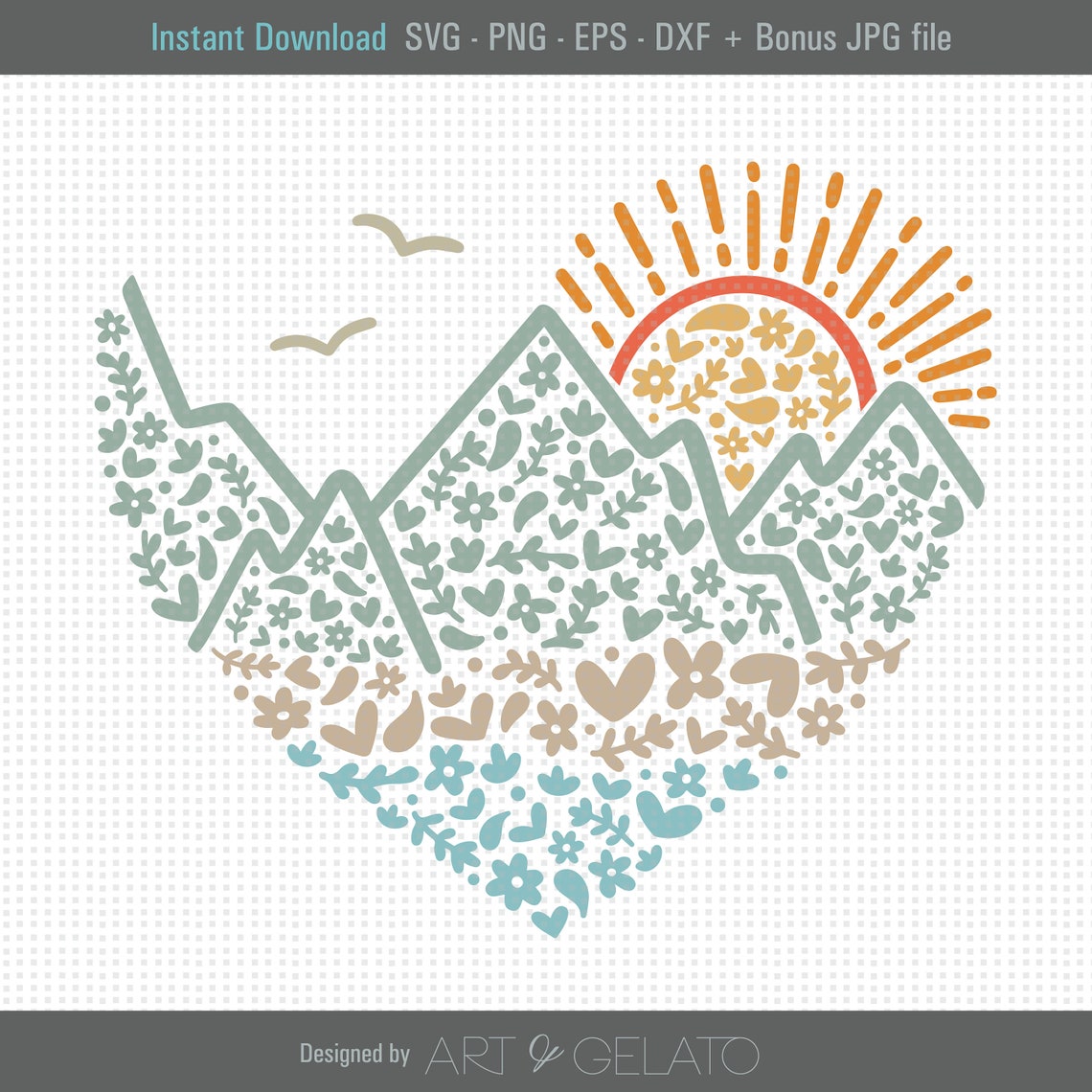 Mountains Heart Sunrise Floral Scenic Adventure Design Poster