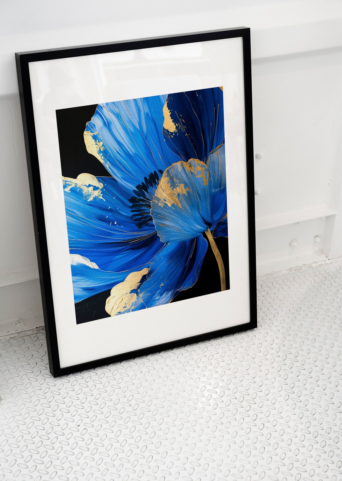 Blue Lily Gold Detail Oil Painting Style Blue Floral Art Poster