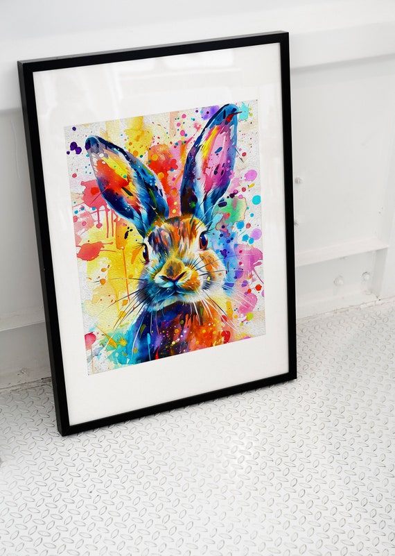 Whimsical Rabbit Watercolor Painting Colorful Nursery Art