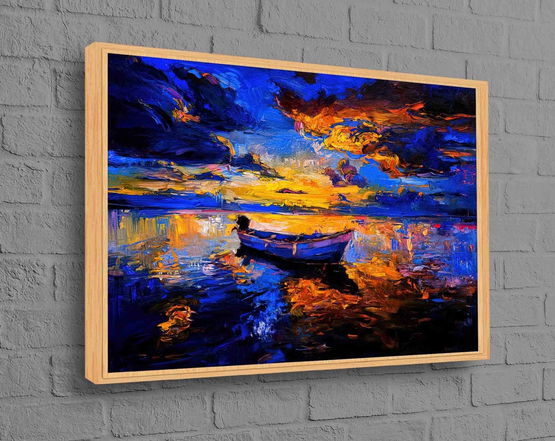 Boat At Sunset Vibrant Blue Oil Painting Impasto Seascape Art Poster