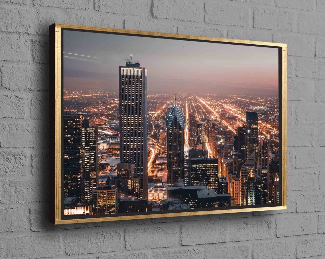 Chicago Night Skyline Aerial Light Trails Skyscraper Photo Poster Art