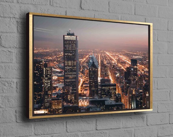 Chicago Night Skyline Aerial Light Trails Skyscraper Photo Poster Art