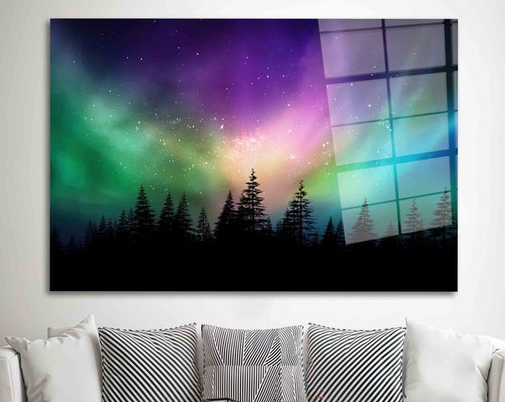 Northern Light Glass Wall Art Space Decoration Colorful Lights Forest Silhouette Aurora Borealis Decor