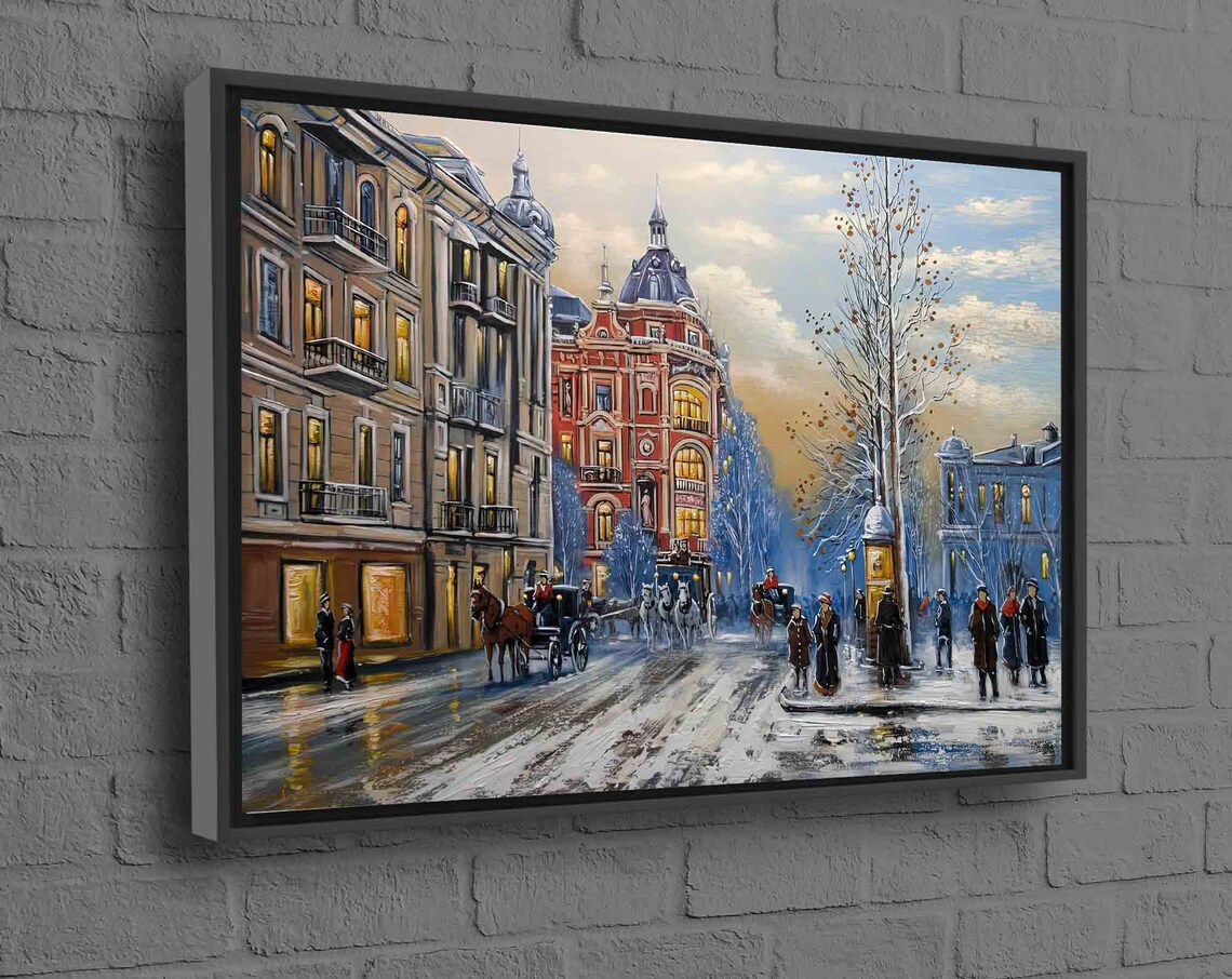 Snowy Old European Street Horse Carriage Winter Oil Painting Poster