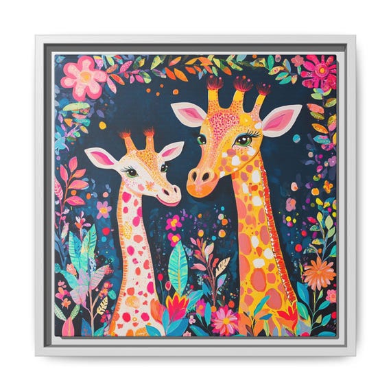 Whimsical Nursery Print Wall Art Boho Decor Floral Giraffe Painting Multicolor Safari Kid Room