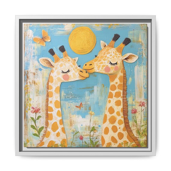 Kissing Giraffes Sunny Sky Butterflies Whimsical Kids Art Poster