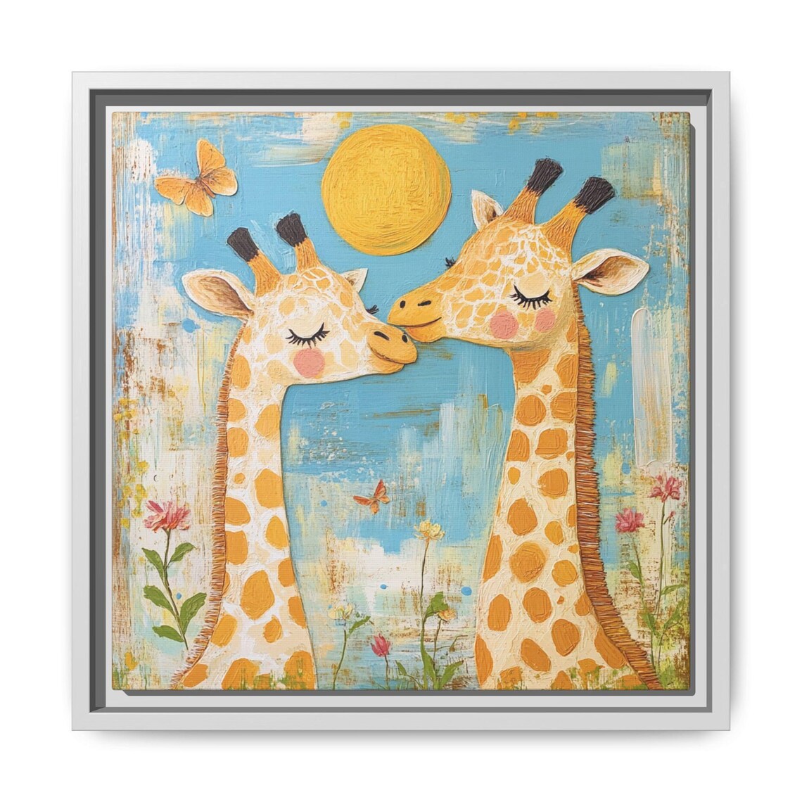 Kissing Giraffes Sunny Sky Butterflies Whimsical Kids Art Poster