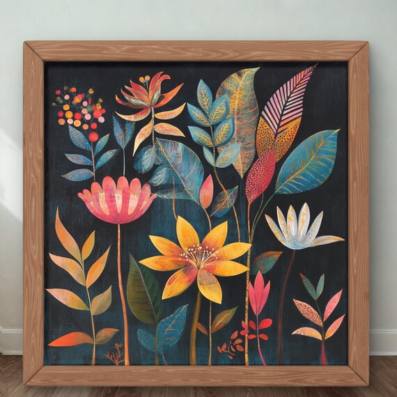 Colorful Botanical Wall Art Dark Floral Modern Boho Flower Print Vibrant Natureinspired Home Decor