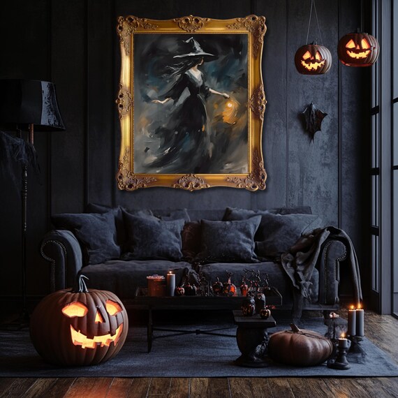 Spooky Halloween Art Moody Decor Witch Crows And Bats Print Wall Gothic Home Creepy