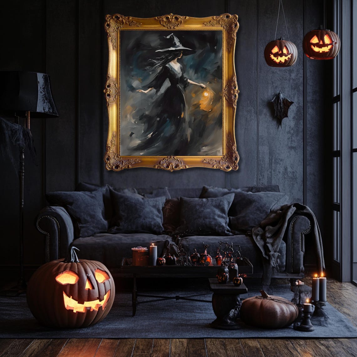 Dark Witch With Lantern Moody Oil Painting Halloween Decor Poster
