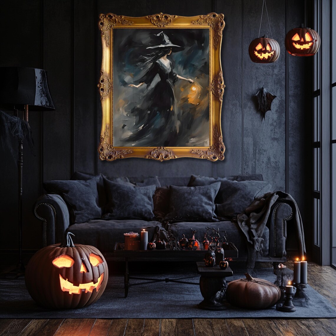 Spooky Halloween Art Moody Decor Witch Crows And Bats Print Wall Gothic Home Creepy
