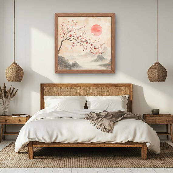 Serene Pink Landscape Japandi Art, Romantic Decor