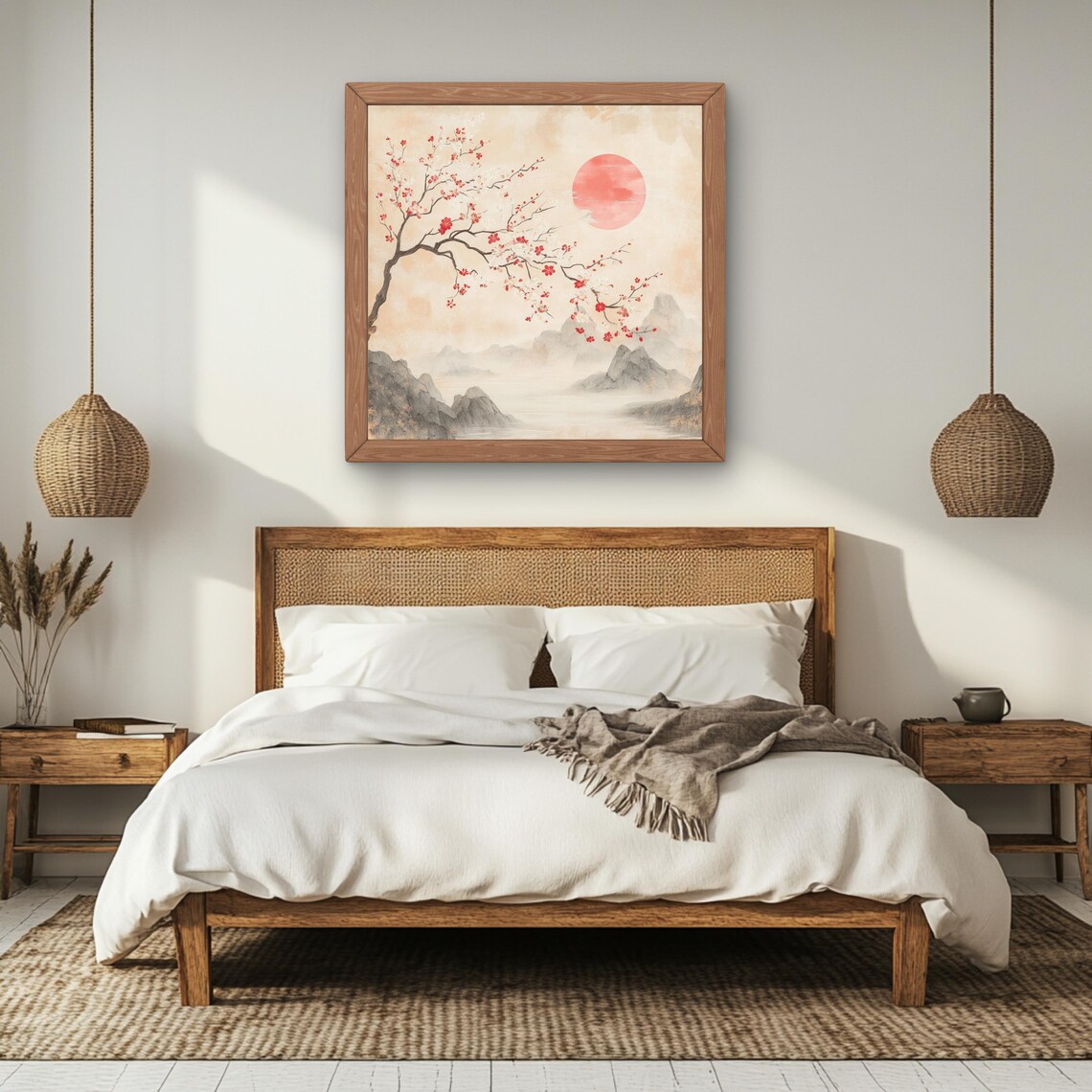 Serene Pink Landscape Japandi Art, Romantic Decor