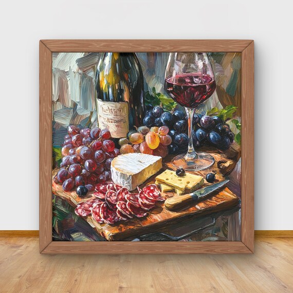 Wine Cheese Board Grapes Impasto Oil Painting Rustic Kitchen Poster