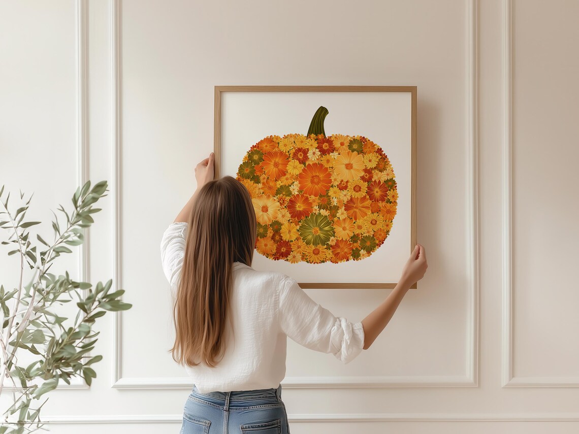 Boho Pumpkin Art Print Autumnal Wall Decor Thanksgiving And Fall Botanical Harvest Modern Farmhouse