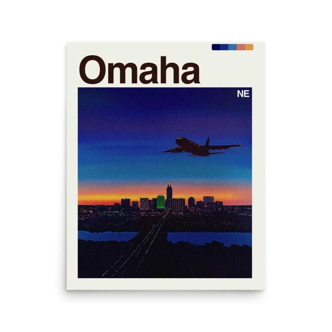 Omaha Nebraska Night Skyline Airplane Sunset Cityscape Travel Poster