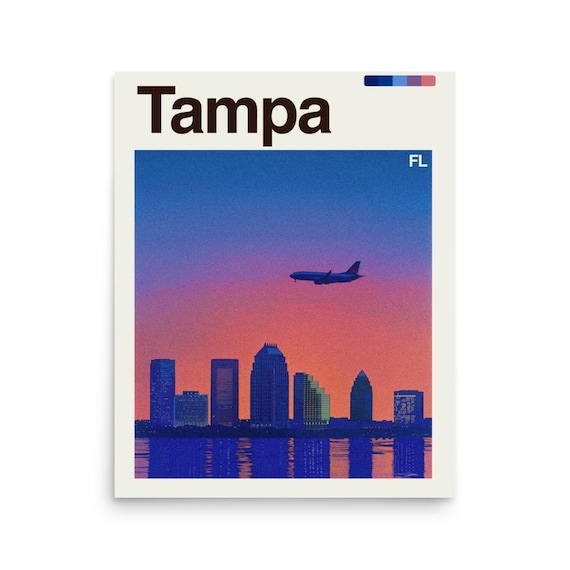 Tampa Florida Sunset Skyline Airplane Retro Coastal City Travel Poster