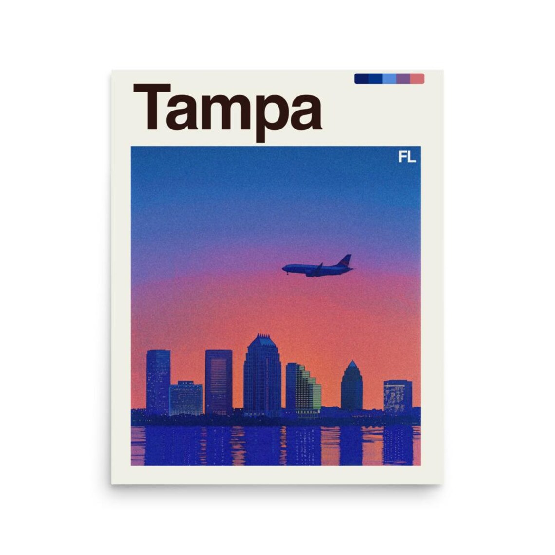 Tampa Florida Sunset Skyline Airplane Retro Coastal City Travel Poster