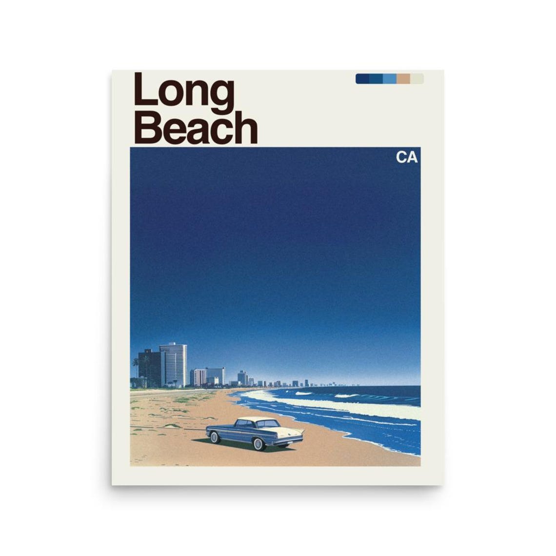 Long Beach California Beach Classic Car Night Sky Travel Poster