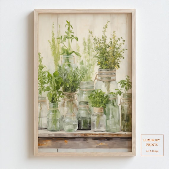 Herb Garden Glass Jars Rustic Farmhouse Kitchen Botanical Poster