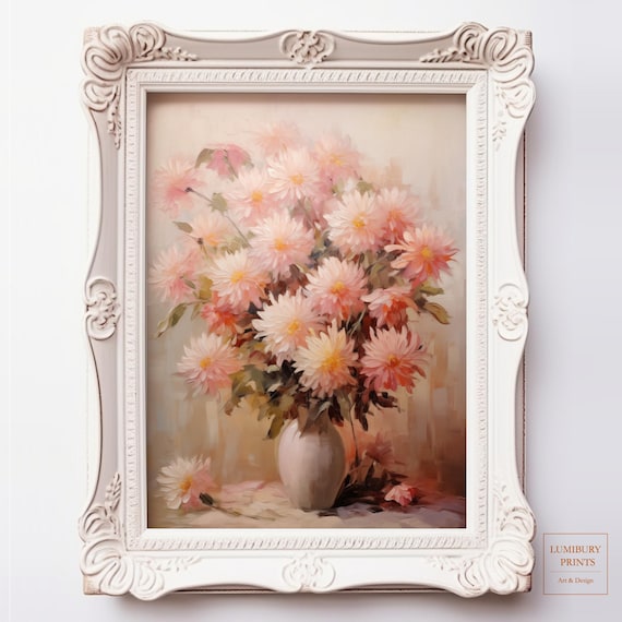 Pink Chrysanthemum Mum Flowers Vase Vintage Floral Painting Poster