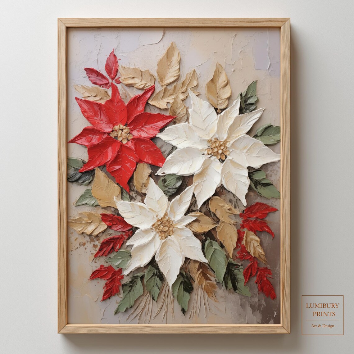 Red and White Poinsettia Bouquet Impasto Christmas Floral Poster
