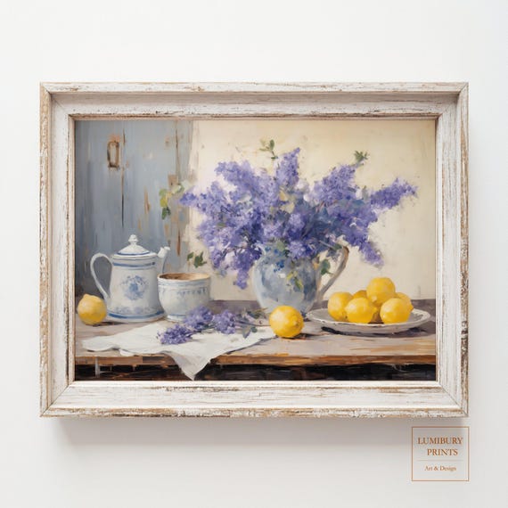 Lavender Wall Art Lemon Kitchen Print Floral Still Life Vintage Fruit Country Decor Farmhouse Instant