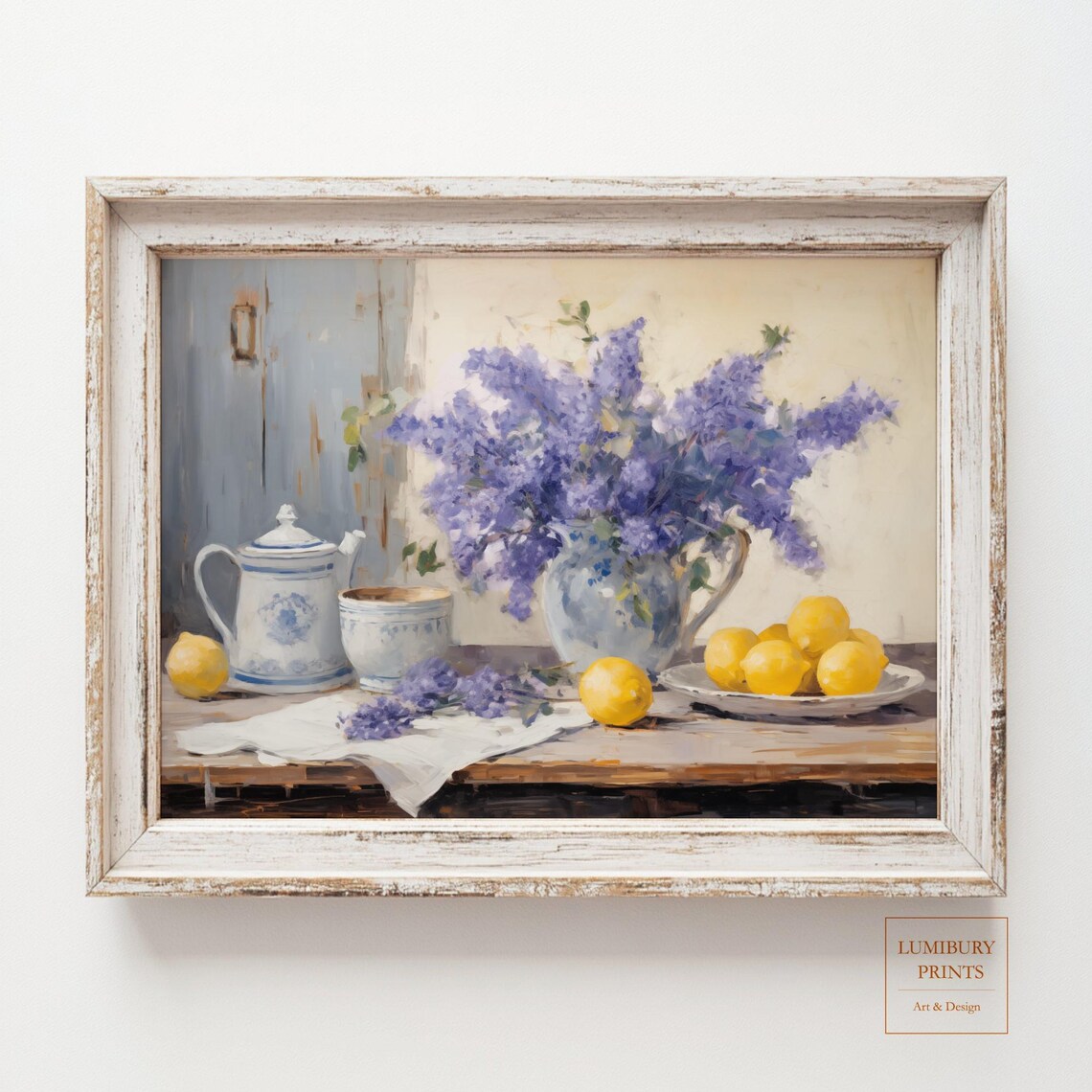 Lilac Bouquet Kitchen Still Life Lemons Teapot Country Poster
