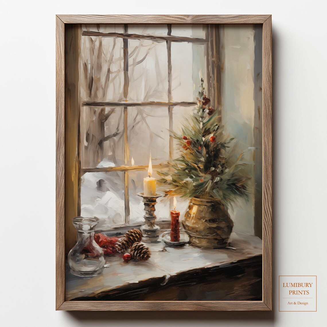 Christmas Windowsill Pinecones Candlelight Snowy Morning Art Poster