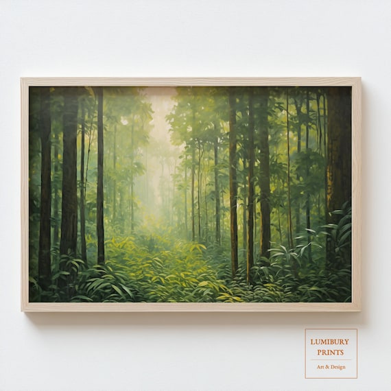 Misty Green Forest Sunlight Through Tall Trees Nature Landscape Poster