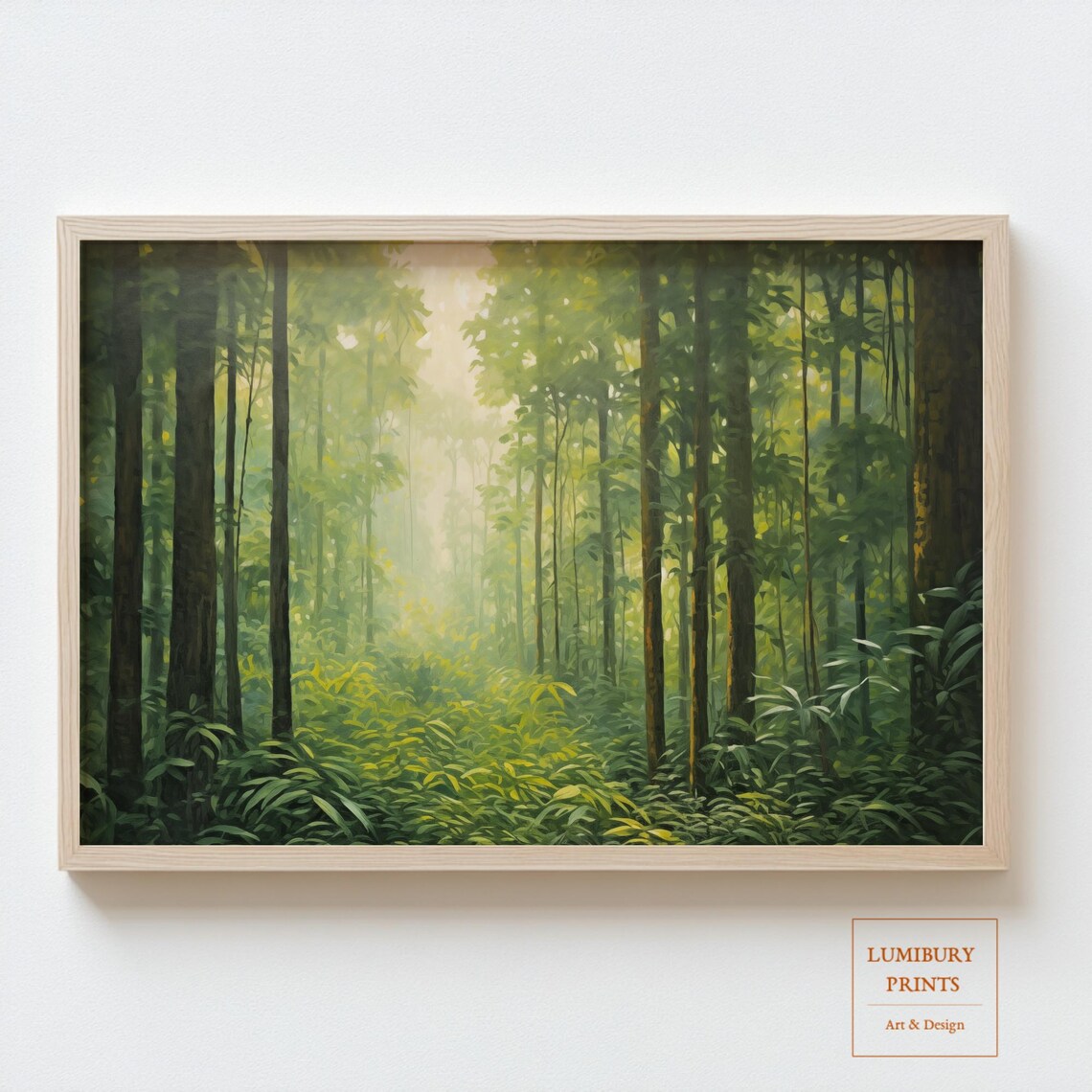 Misty Green Forest Sunlight Through Tall Trees Nature Landscape Poster