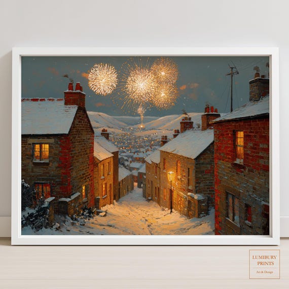 Winter Village Art Print New Year Snowy Landscape Painting Firework Wall Instant
