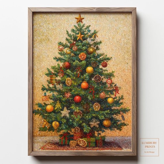 Decorated Christmas Tree Dried Oranges Vintage Impasto Painting Poster