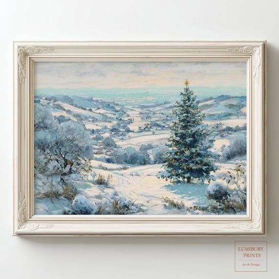 Decorated Christmas Tree on Snowy Hillside Winter Landscape Poster