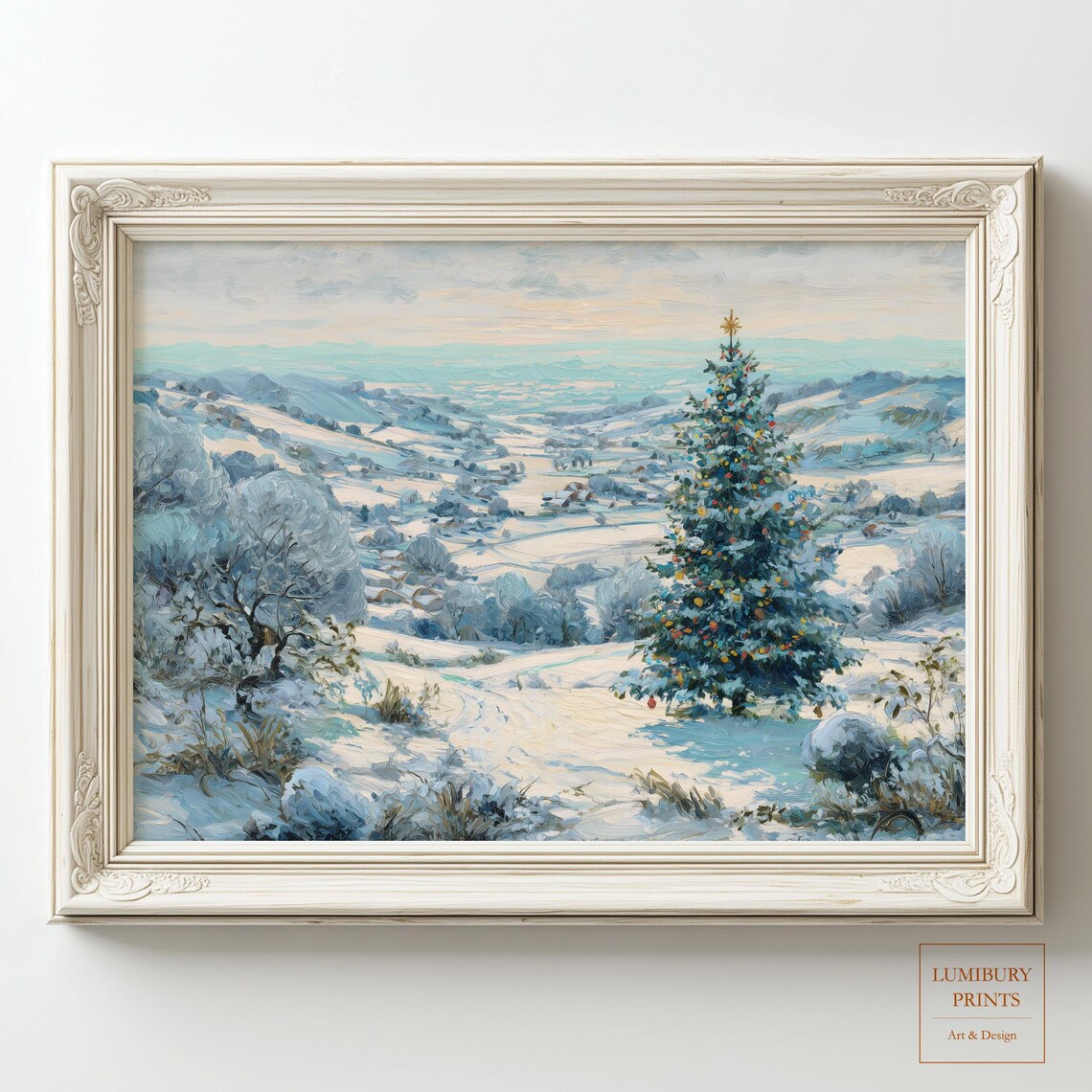 Decorated Christmas Tree on Snowy Hillside Winter Landscape Poster