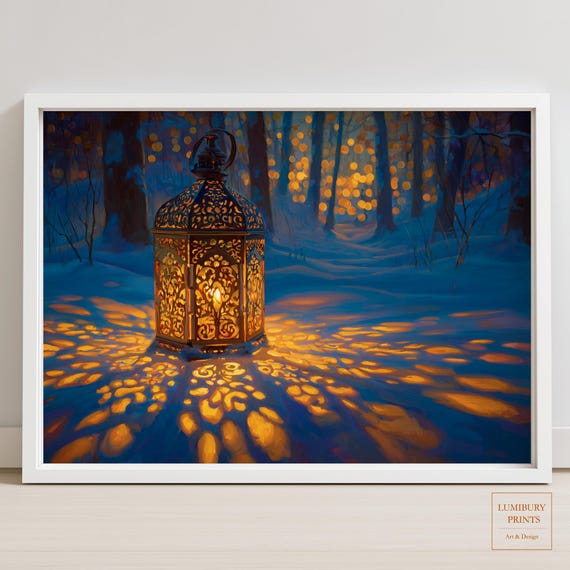 Winter Lantern Wall Art Snowy Forest Print Golden Light Painting Landscape Artwork Instant