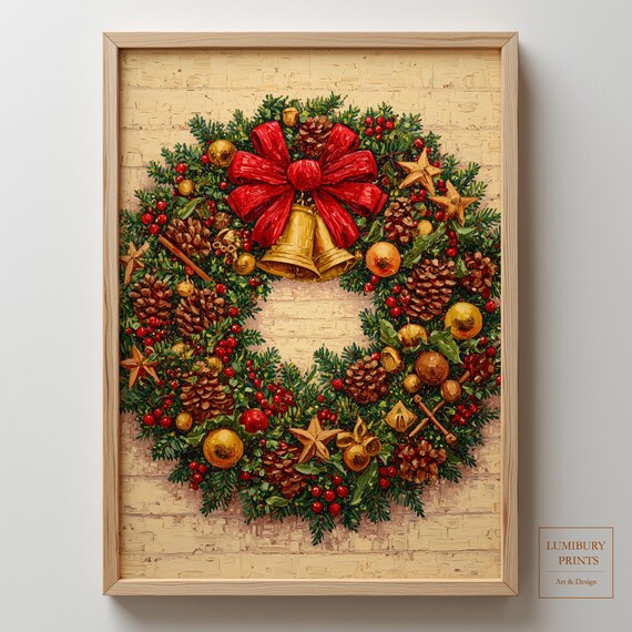 Rustic Christmas Wreath Golden Bells Pine Cones Impasto Painting Poster