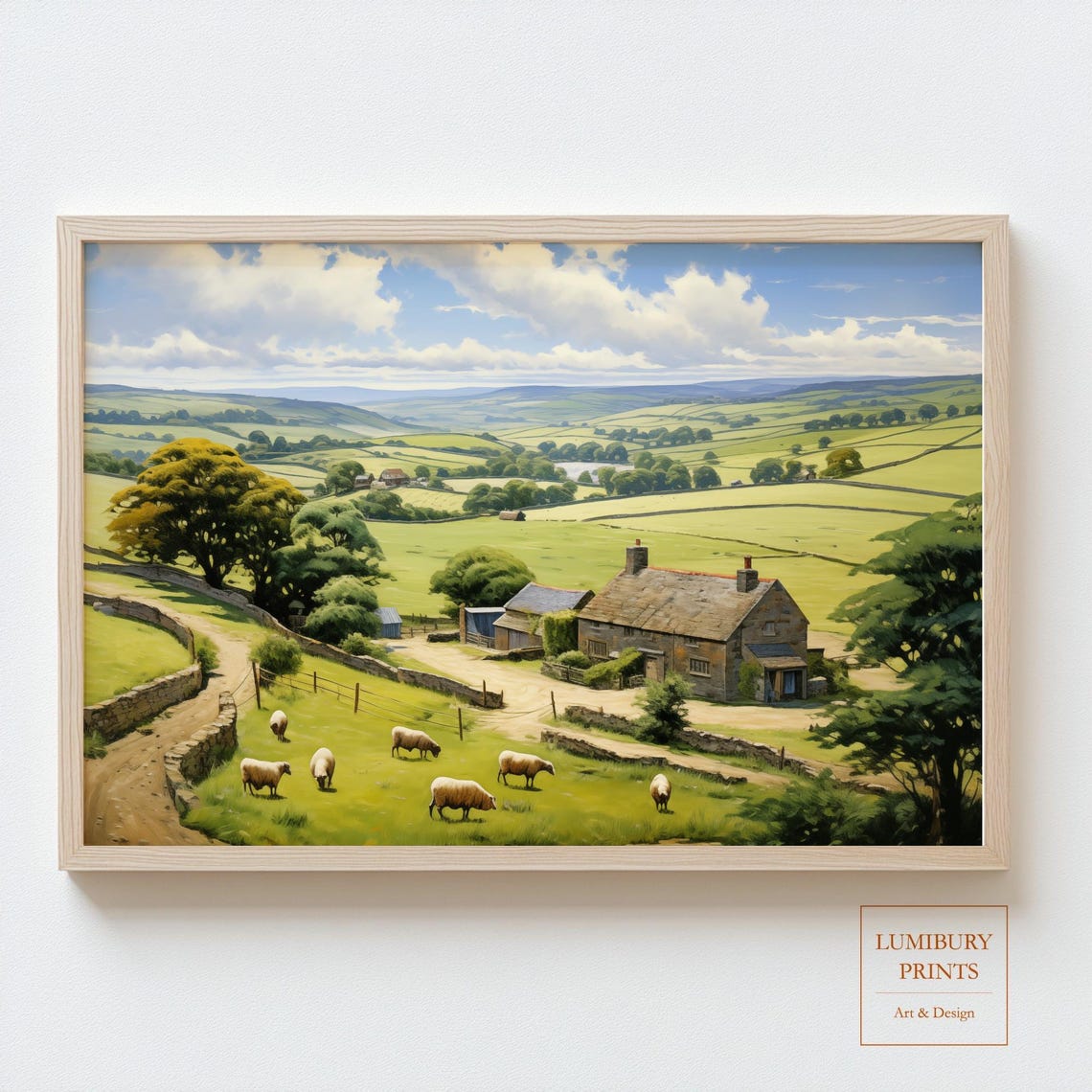 Sheep Grazing Green Valley Stone Farmhouse Vintage Art Poster